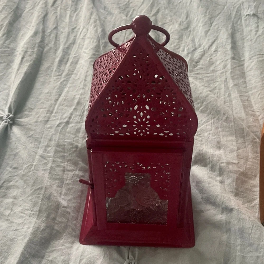 Decorative Deep Pink Metal & Glass Lantern Votive Holder Home Accents